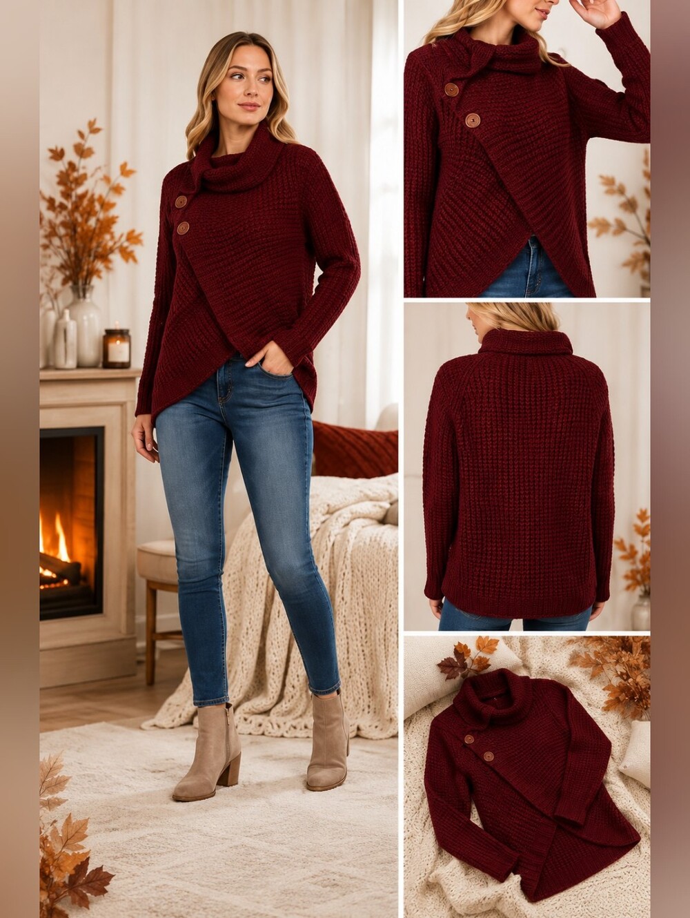Zenana Wrap Asymmetrical Hem Sweater | Burgundy | Wood Button Cowl Neck
